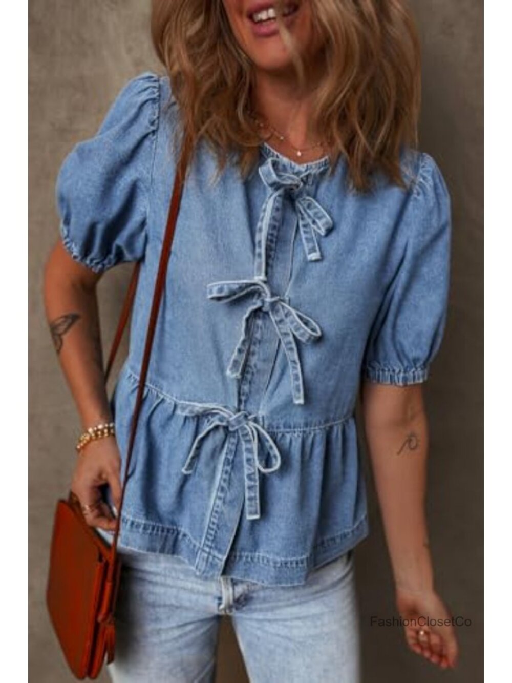 Womens Denim Blouse Bow Tie Front Puff Sleeve Babydoll Peplum Summer Trendy - Picture 4 of 6
